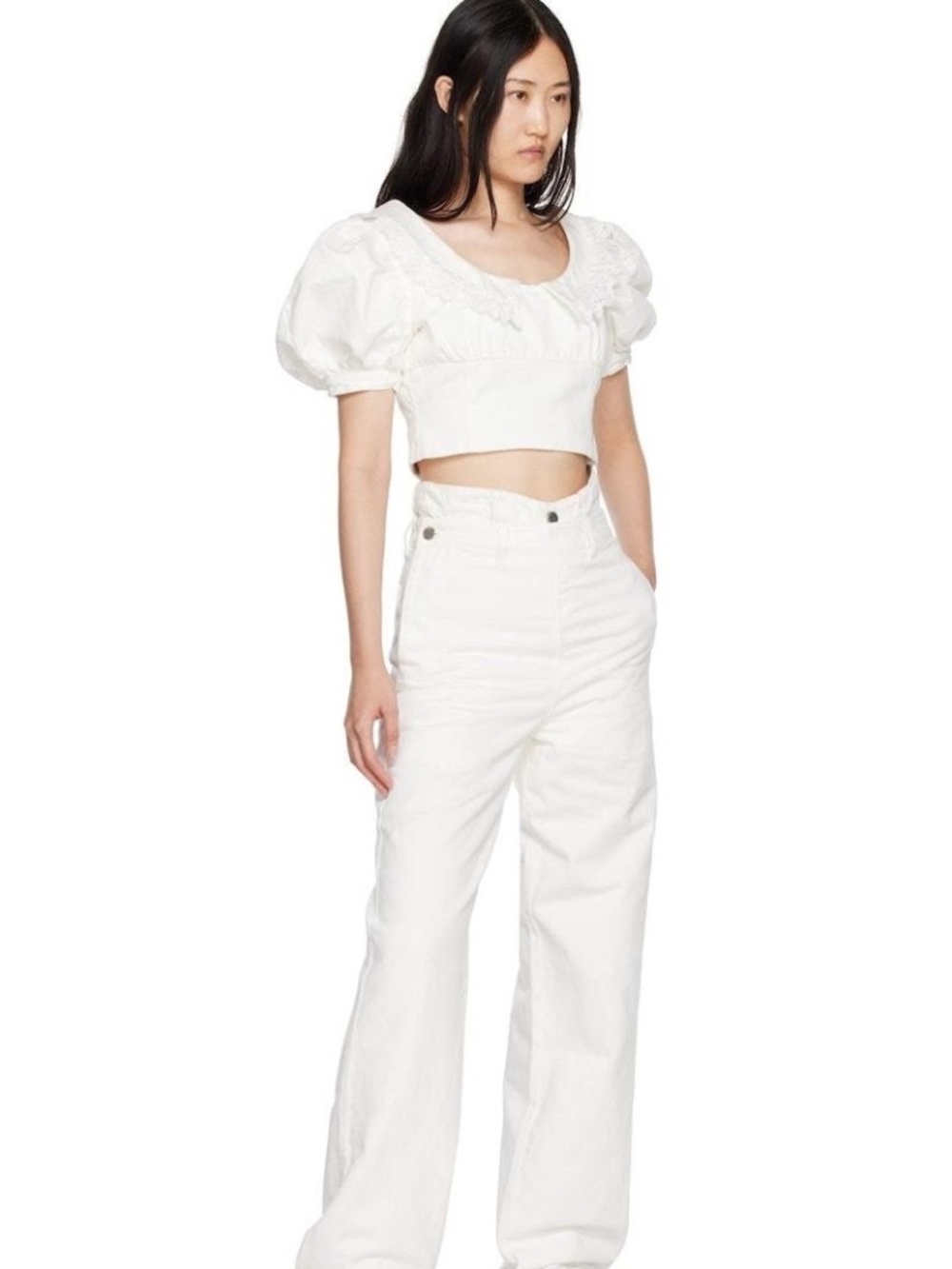 Shushu Tong SSense White Denim Crop Top With Baloon Sleeves Size UK 12  (US 8)